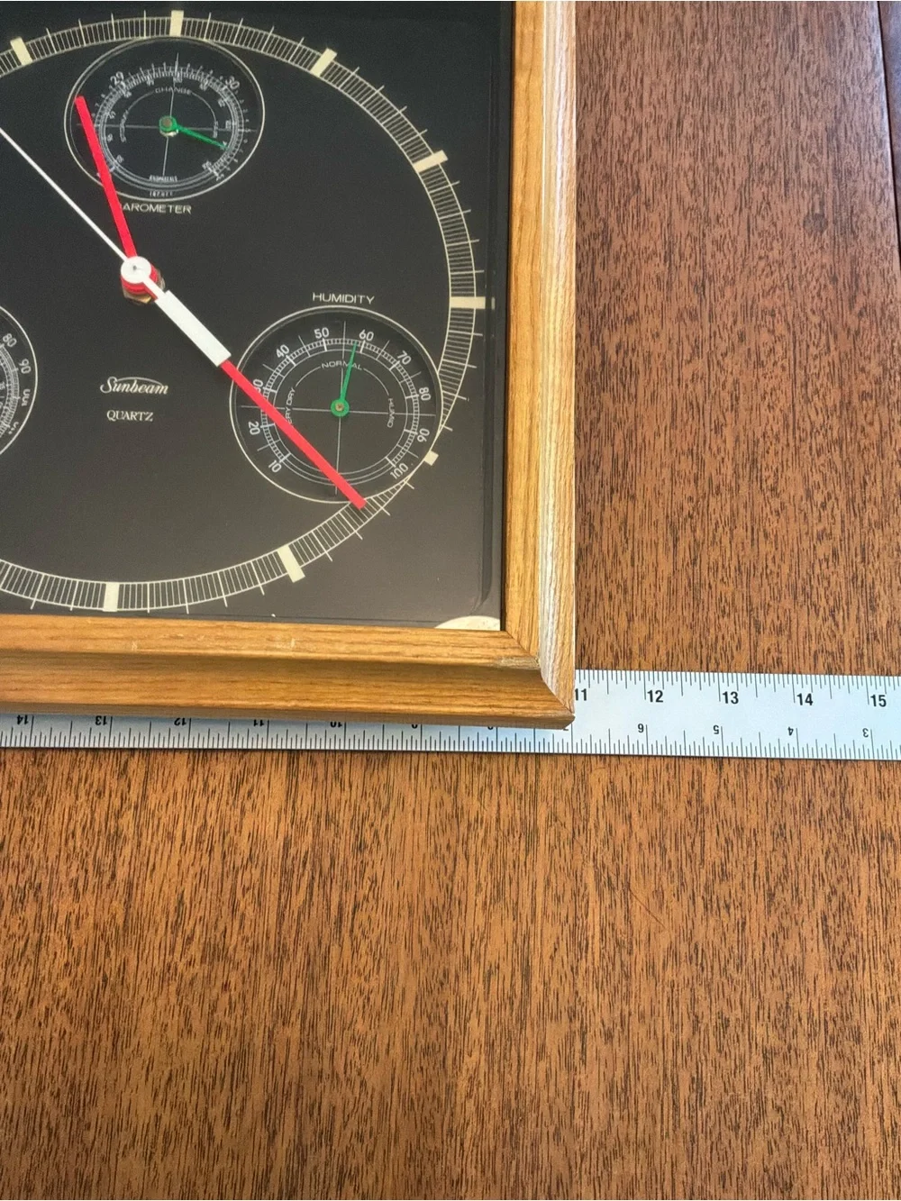VTG Sunbeam Black Dial Wall Clock/Humidity/Barom. with Wood Frame and Red Hands